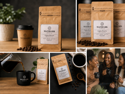 Collage of Matriark coffee packaging, brewing process, and people enjoying coffee.