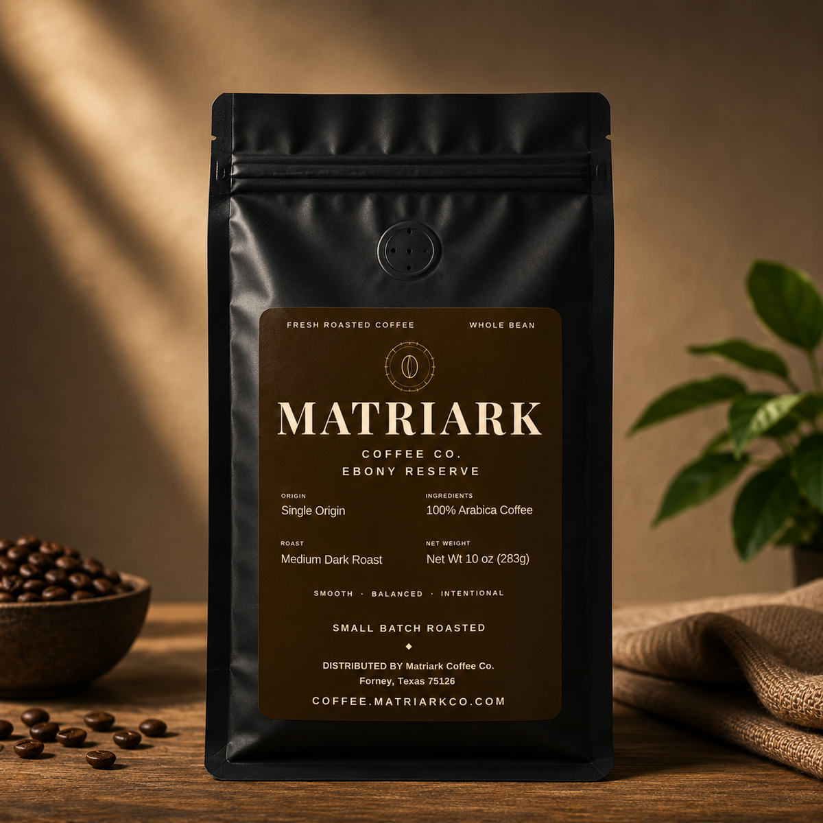 Ebony Reserve medium-dark roast coffee bag by Matriark Coffee Co.