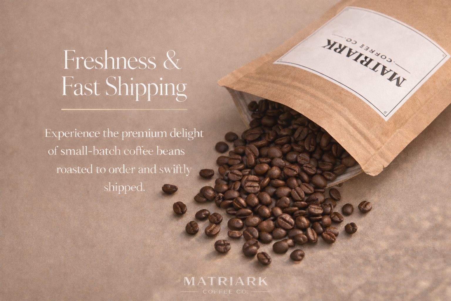 Matriark coffee beans spilling out of a brown paper bag on a beige background